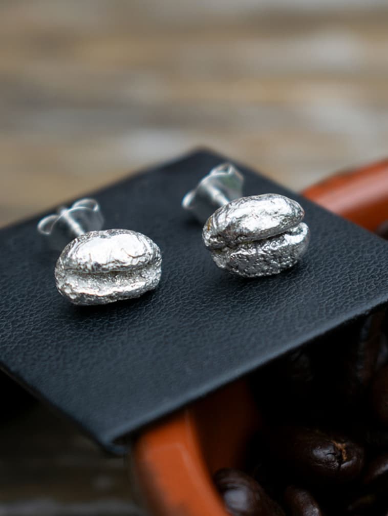 Real coffee bean sterling silver studs